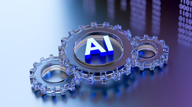 Artificial Intelligence Concepts: Three Interlocking Gears with AI Letters on a Blue and Purple Digital Background with Binary Code