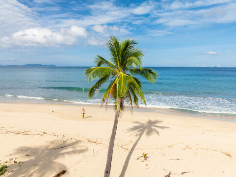 Aerial view of Nagtulay Beach in San Vicente, Palawan, with a woman walking on the sand near a palm tree under a blue sky in the Philippines.