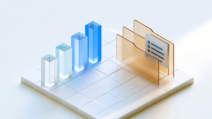 Fototapeta premium Abstract 3D rendering of glass bar graph and folder icons on a clean white grid, depicting data analysis and organization in business