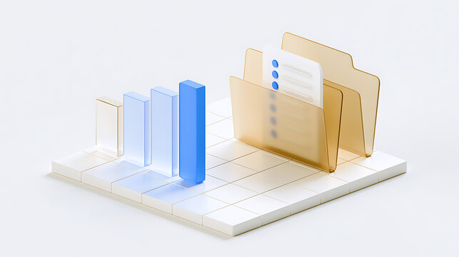 Abstract illustration of data visualization with a bar graph and document folders, representing business growth, analytics, and organized information management