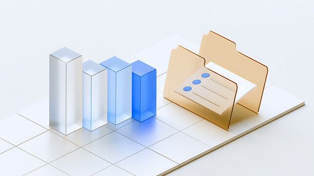 Abstract visual representation of data management, analytics, and organization with transparent bar charts and folder icons on a grid background