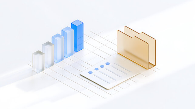 Abstract isometric render show business data analysis with folder for documentation and growth bar chart on clean white background