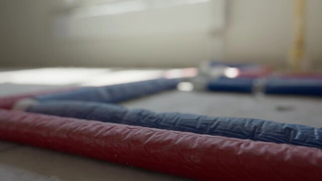 Plastic utility pipes on floor before installation close up