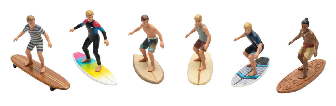 Six miniature surfer figurines showing the evolution of surfing culture, from a vintage striped swimsuit and wooden board to modern wetsuits and a traditional Polynesian style