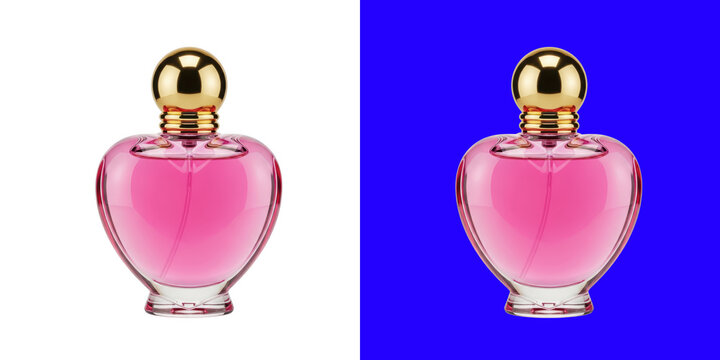 A heart shaped glass perfume bottle filled with pink liquid and a golden cap top transparent png