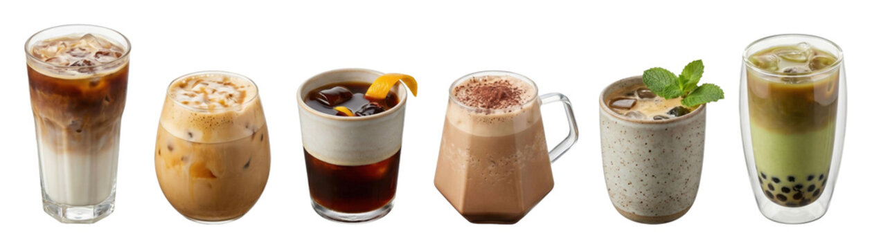 Collection of various iced coffee and tea drinks including latte, mocha, matcha, and cold brew in different glasses and mugs, showing a refreshing assortment of cafe beverages