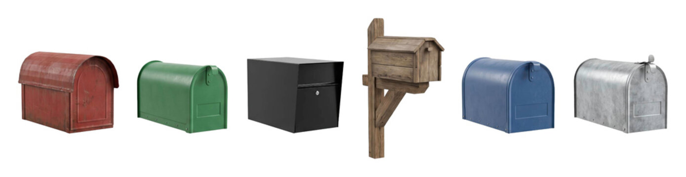 Collection of six different mailboxes in various styles and materials, including rustic wood, modern black metal, and classic colorful postboxes for residential mail delivery
