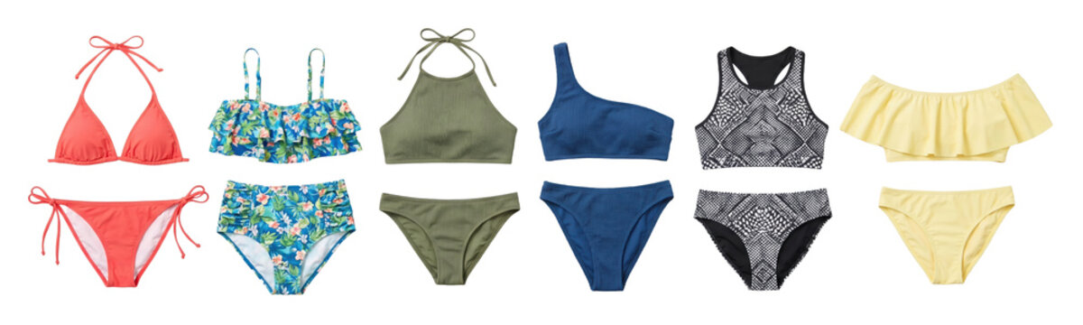 Vibrant collection of six different women's two-piece bikinis in various styles and colors is arranged in a neat row, showcasing a variety of summer swimwear fashion