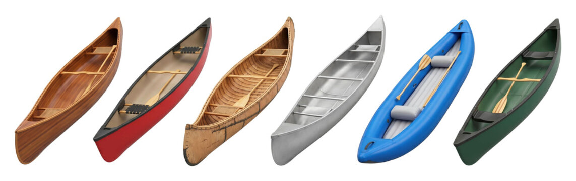 Six different types of canoes including wooden, aluminum, and inflatable models are arranged in a row with paddles, showcasing a variety of watercraft for outdoor recreation