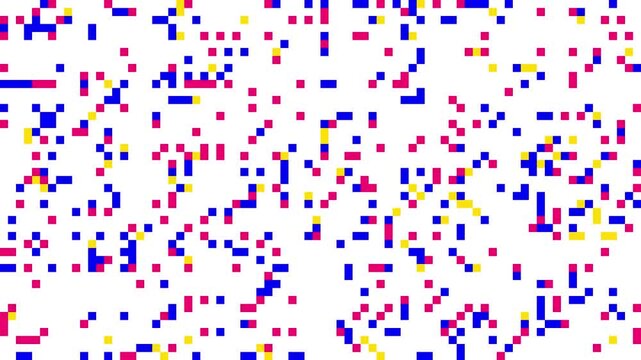 Abstract motion graphics loop of small square pixels appearing at random across a white grid in blue, pink, yellow and green, forming shifting mosaic patterns.