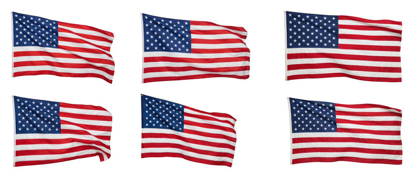 Collection of six American national flags waving gently in the wind, showcasing the iconic stars and stripes design as a powerful symbol of patriotism, freedom, and liberty