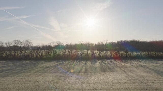 Late winter to early spring landscape drone aerial moving through rural Ohio farm field in country area outside city with fields of no plants, leaves, and dead trees with green yellow grass 4k