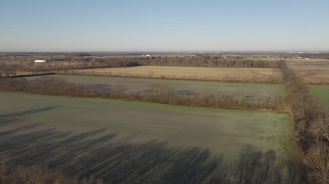 Late winter to early spring landscape drone aerial moving through rural Ohio farm field in country area outside city with fields of no plants, leaves, and dead trees with green yellow grass 4k