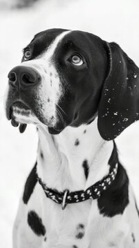 A Dalmatian dog looking off into the distance with a contemplative expression. The dog's coat is speckled with black and white spots.