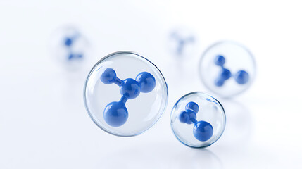 Obraz na płótnie Canvas Abstract illustration of molecular structures within clear spheres on a pristine white background, symbolizing scientific research and innovation