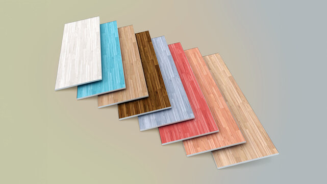 Multi colored parquet flooring boards with various textures isolated on gray background. 3D illustration