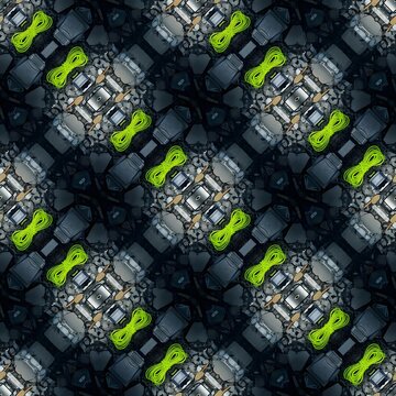 Abstract design featuring a grid pattern of green ropes and various tools on a dark background for artistic inspiration and design use
