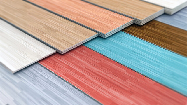 Multi colored parquet flooring boards with various textures stack. 3D illustration