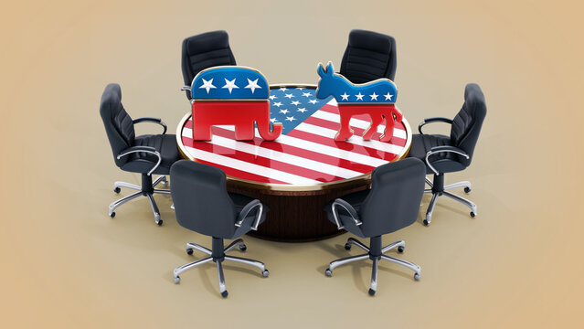 USA Political party symbols standing on American flag covered table. 3D illustration