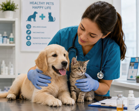 Veterinarian examining healthy puppy and kitten in modern animal clinic, pet healthcare concept