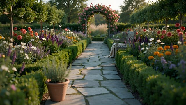 Formal garden with stone pathway floral archway and wooden bench scene