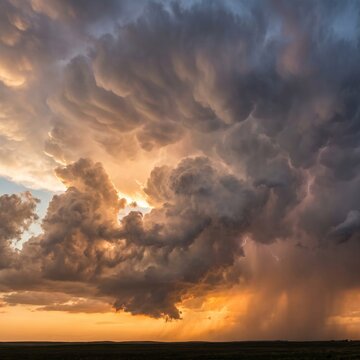 Dramatic sunset sky with heavy storm clouds and golden sun rays breaking through the dark atmosphere