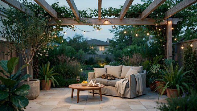 Outdoor patio scene with a sofa plants and string lights at dusk