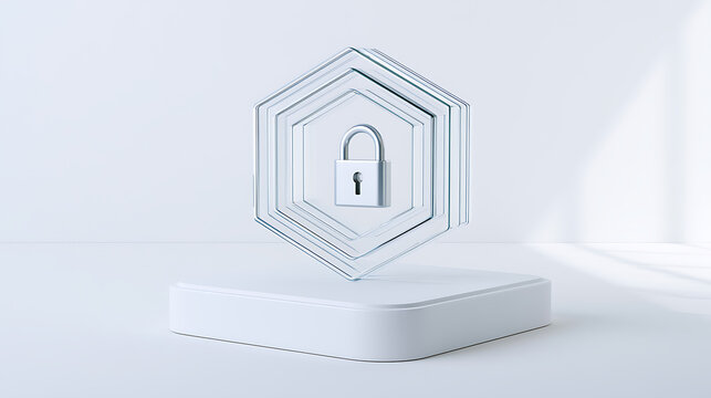 Abstract digital security concept with padlock icon within clear hexagonal layers on a clean white podium in a bright studio environment