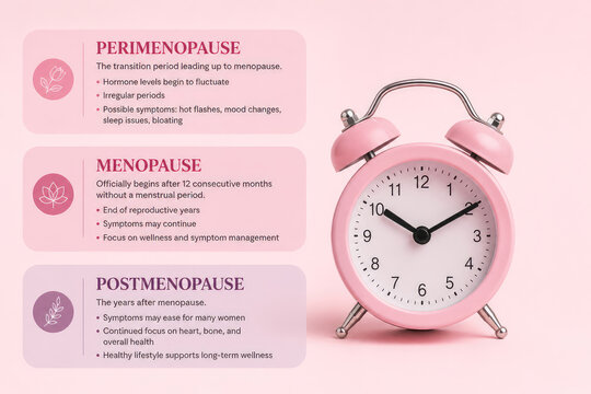 Menopause stages infographic with perimenopause, menopause and postmenopause timeline concept