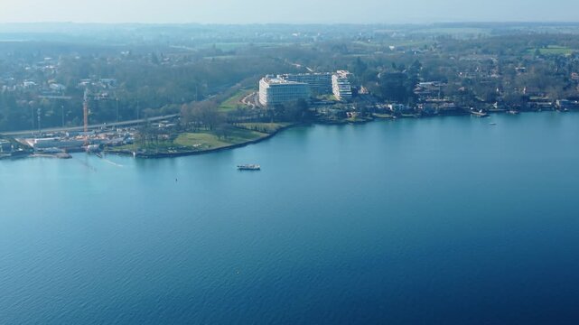 Aerial view of the Lombard Odier building complex on the shores of Lake Geneva in Bellevue, Geneve, Switzerland.