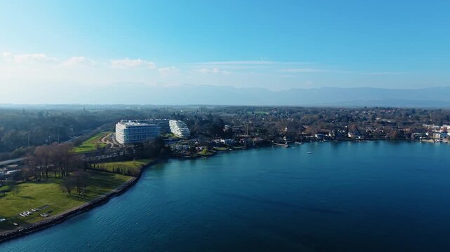 Aerial view of the modern Lombard Odier headquarters building situated along the shore of Lake Geneva in Bellevue, Geneve, Switzerland.