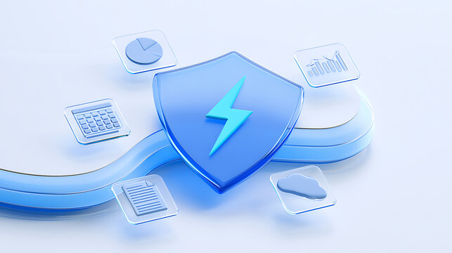 Digital data protection concept with blue shield and lightning bolt, surrounded by floating icons like calculator, chart, document, and cloud on a white background