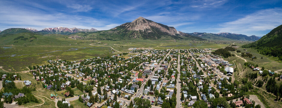 Aerial panorama of the town and mountain called Crested Butte in Colorado