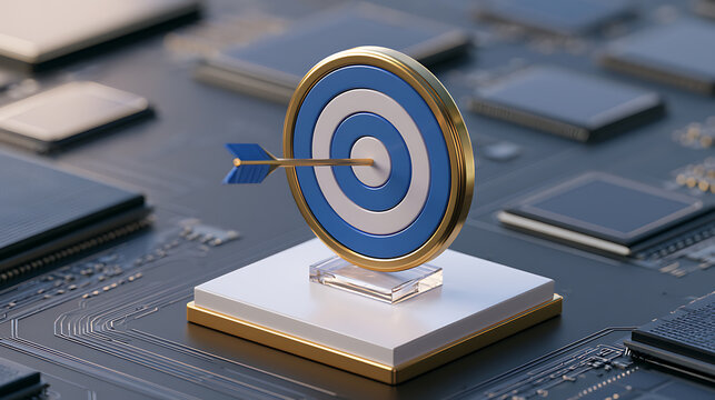 Precise Digital Business Strategy: Arrow Hits Bullseye on Technology Circuit Board for Focused Data Achievement and Success