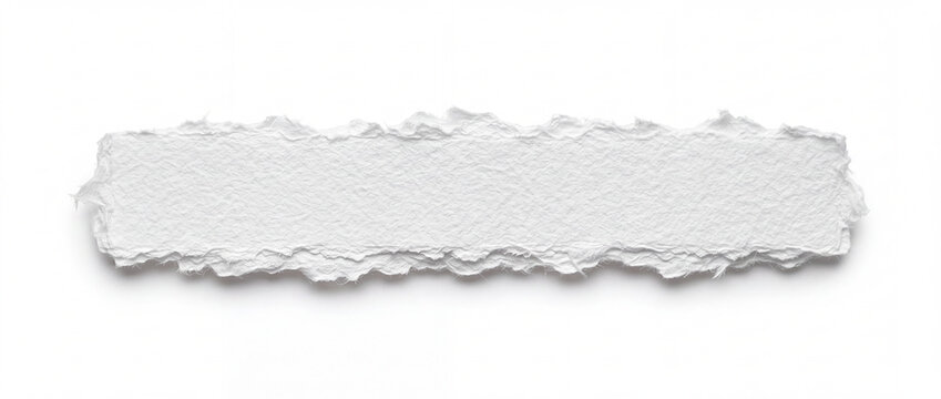 Torn paper strip with rough deckle edge isolated on a clean white background, showcasing fibrous cotton texture and organic raw margins for creative banner text frame layout design