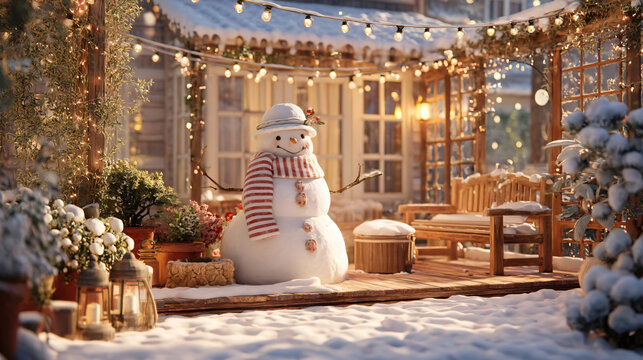 Charming Snowman in Winter Wonderland: A delightful snowman, adorned with a striped scarf and hat, stands proudly amidst a snow-covered patio, illuminated by warm string lights and wintery charm.