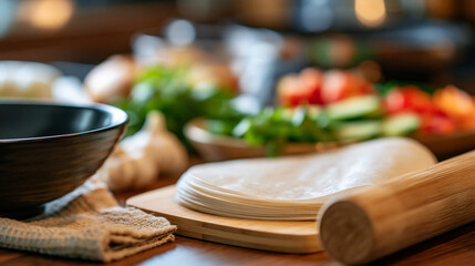Fototapeta premium Edible rice paper sheets and ingredients arranged on a wooden table, emphasizing food preparation safety and natural cooking concept, with copy space
