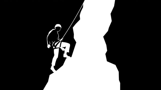 Minimalist rock climbing silhouette icon design, black and white outdoor adventure sport graphic, with copy space