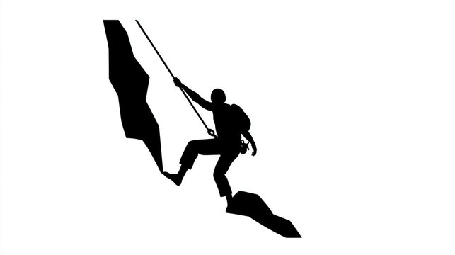 Minimalist rock climbing silhouette icon design, black and white outdoor adventure sport graphic, with copy space