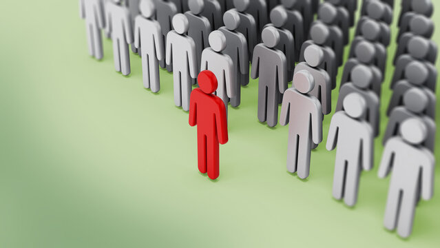Leader of the group standing out from the others. 3D illustration