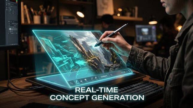 Visionary artist crafting intricate worlds on a futuristic transparent display, leveraging advanced technology for real-time concept generation and creative design workflows