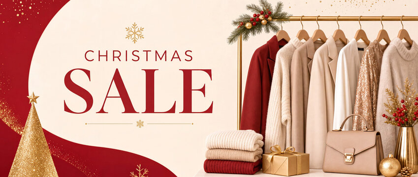Women's clothing store themed wide Christmas sale banner featuring elegant coats, sweaters, handbag and festive holiday decorations