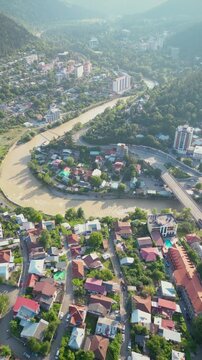 aerial view of the town in mountains