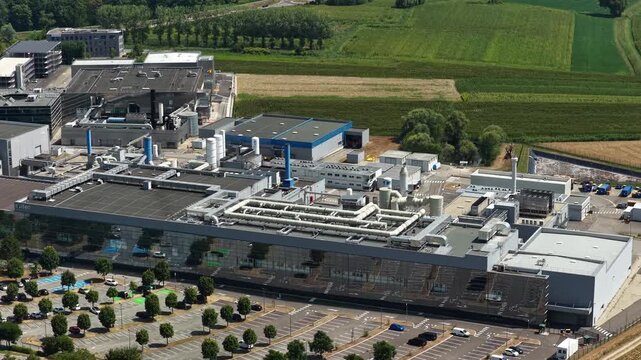 Bernin, France - August 1, 2026: Wide aerial view of Soitec semiconductor manufacturing complex producing advanced silicon wafers and materials for the global microelectronics industry