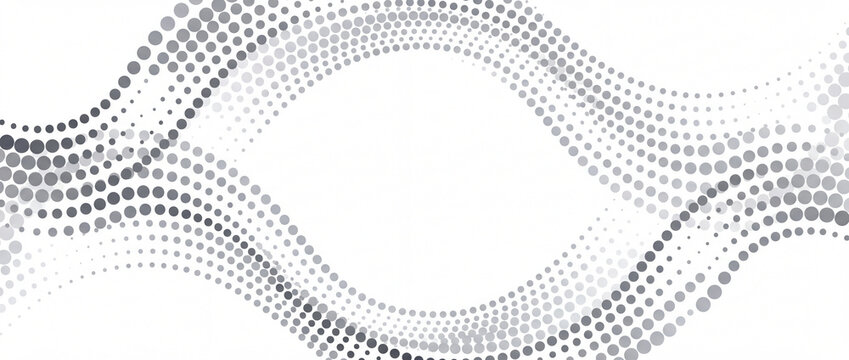 Halftone wave dot pattern background design featuring dynamic monochrome grey dotted curves over white space, ideal for modern tech web headers, banners, and digital print layouts