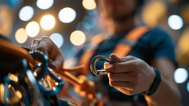 Faceless climber securing a safety harness and checking climbing gear with rope and carabiners before an indoor bouldering ascent at a climbing gym, with copy space