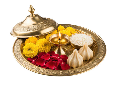 Traditional indian brass puja thali with lit diya, marigold flowers, rose petals, rice, and modak isolated on transparent background