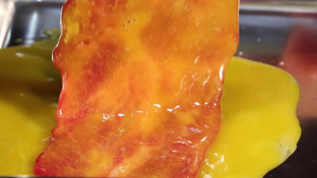 Korea traditional Namdo style yukjeon pan fried battered beef sliced beef pancake egg wash K food korean food Korea 한국 남도식 전통 소고기 육전 전 쇠고기 부침개 달걀옷 케이푸드 K푸드 한식 고기 식재료