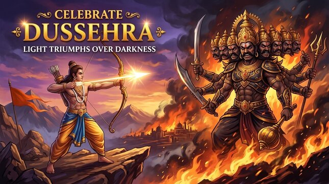 Dussehra Celebration &ndash; Shree Ram Pulling Divine Bowstring, Ravana Ten Heads