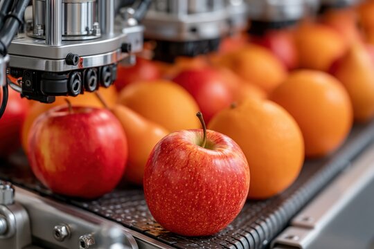 Fruit sorting machine on conveyor belt processing apples and oranges